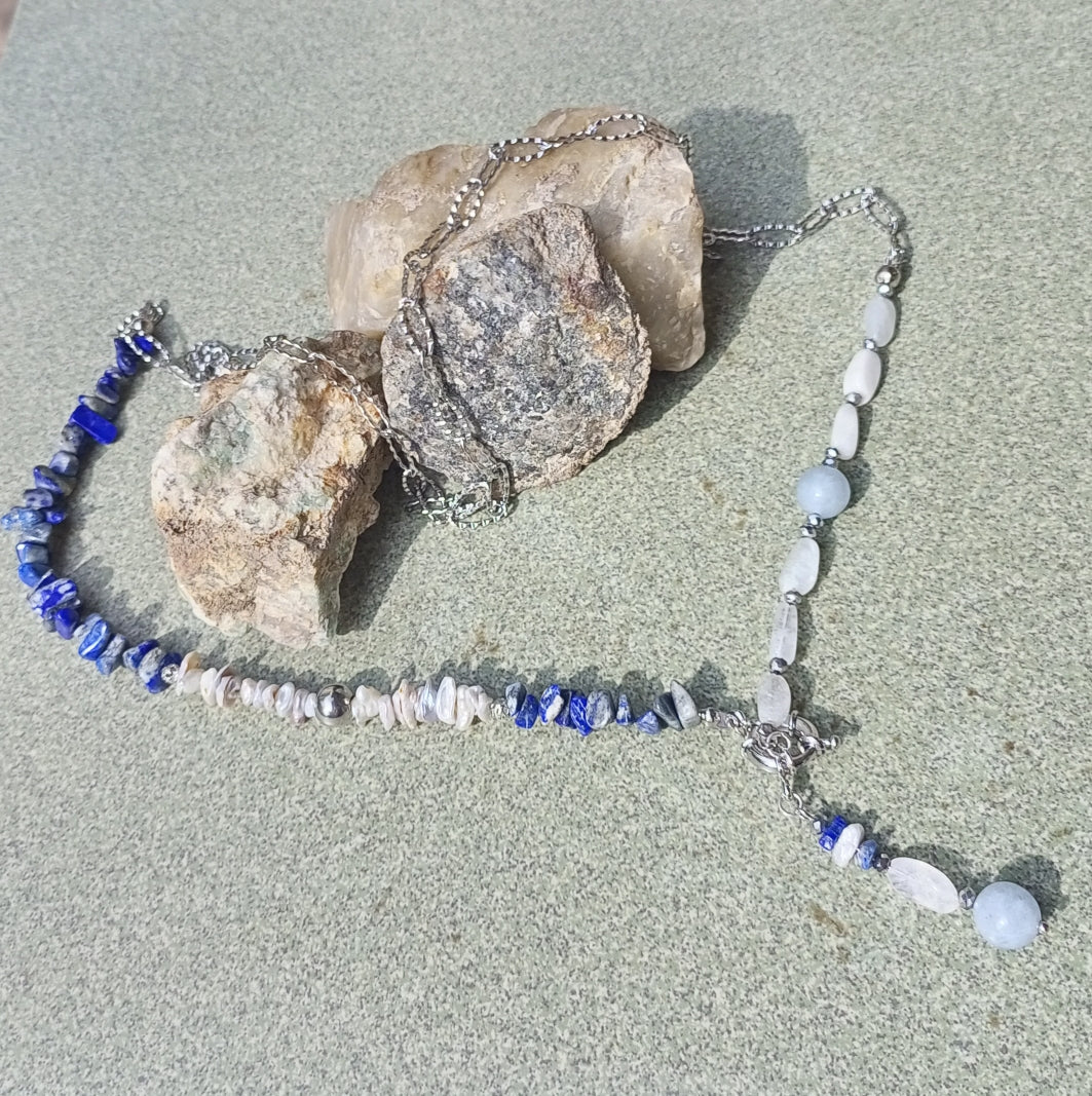 Lapis Lazuli Necklace with Baroque Pearl – Blue Gemstone Jewelry, Moonstone & Aquamarine Necklace, Stainless Steel Chain Gift for Her