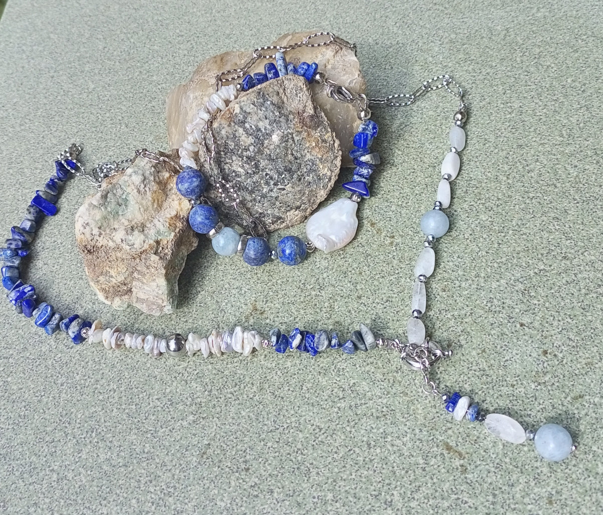 Lapis Lazuli Necklace with Baroque Pearl – Blue Gemstone Jewelry, Moonstone & Aquamarine Necklace, Stainless Steel Chain Gift for Her