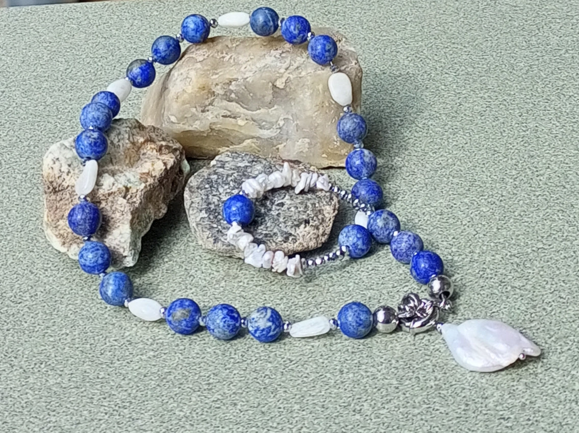 Lapis Lazuli Necklace with Baroque Pearl – Blue Gemstone Jewelry, Moonstone & Aquamarine Necklace, Stainless Steel Chain Gift for Her