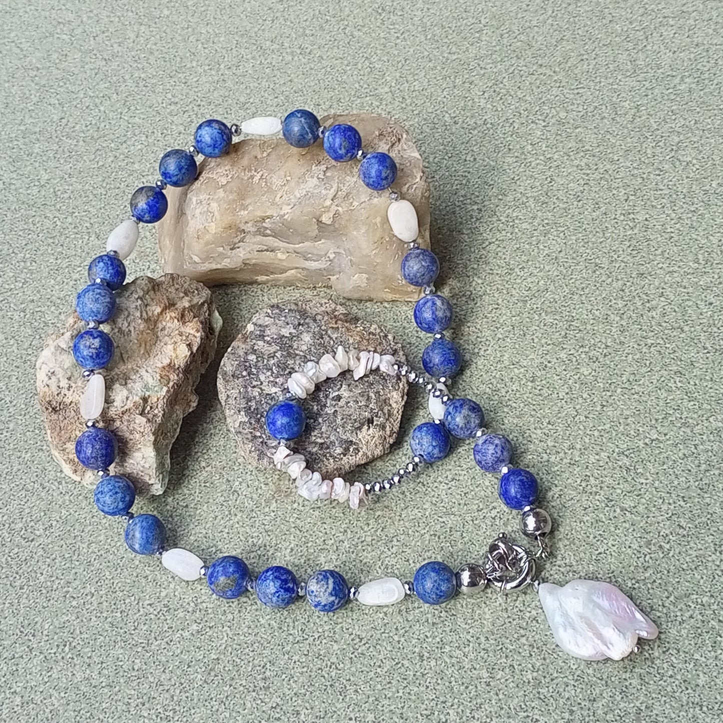 Lapis Lazuli Necklace with Baroque Pearl – Blue Gemstone Jewelry, Moonstone & Aquamarine Necklace, Stainless Steel Chain Gift for Her