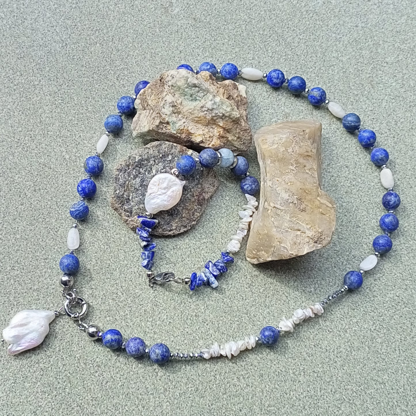 Lapis Lazuli Bracelet with Baroque Pearl – Blue Gemstone Bracelet, Moonstone & Aquamarine Jewelry, Stainless Steel Gift for Her