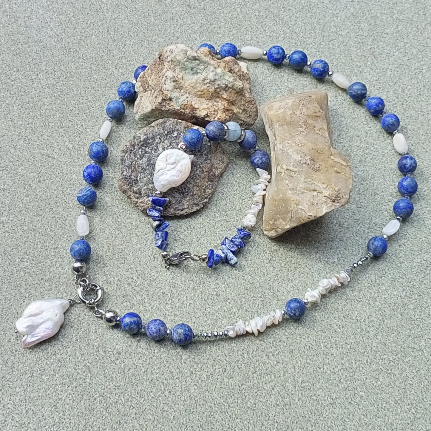 Lapis Lazuli Necklace with Baroque Pearl – Blue Gemstone Jewelry, Moonstone & Aquamarine Necklace, Stainless Steel Chain Gift for Her