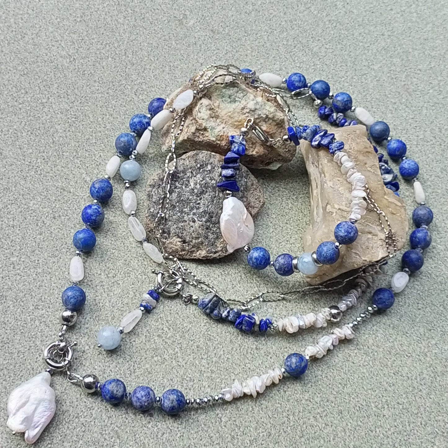 Lapis Lazuli Necklace with Baroque Pearl – Blue Gemstone Jewelry, Moonstone & Aquamarine Necklace, Stainless Steel Chain Gift for Her