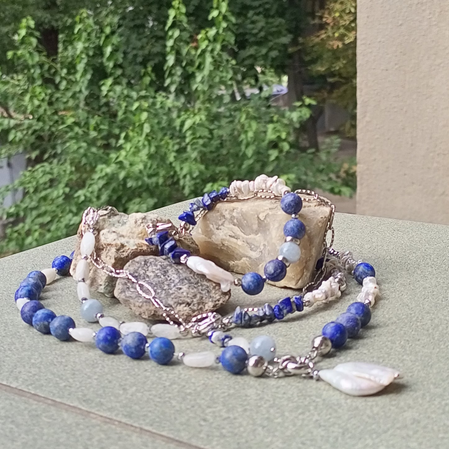 Lapis Lazuli Bracelet with Baroque Pearl – Blue Gemstone Bracelet, Moonstone & Aquamarine Jewelry, Stainless Steel Gift for Her