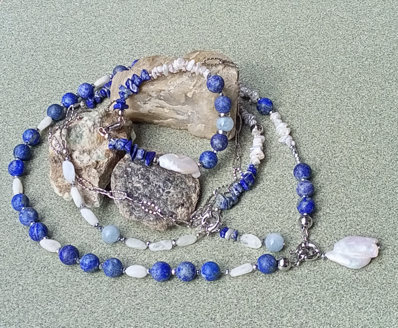 Lapis Lazuli Bracelet with Baroque Pearl – Blue Gemstone Bracelet, Moonstone & Aquamarine Jewelry, Stainless Steel Gift for Her