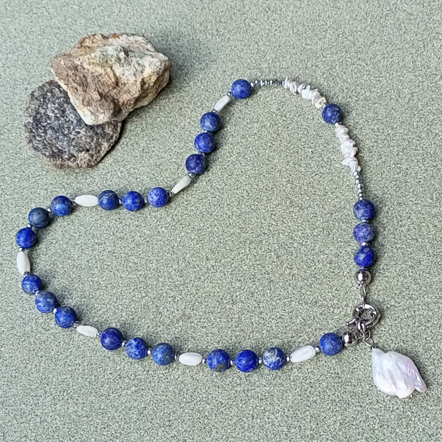 Lapis Lazuli Necklace with Baroque Pearl – Blue Gemstone Jewelry, Moonstone & Aquamarine Necklace, Stainless Steel Chain Gift for Her