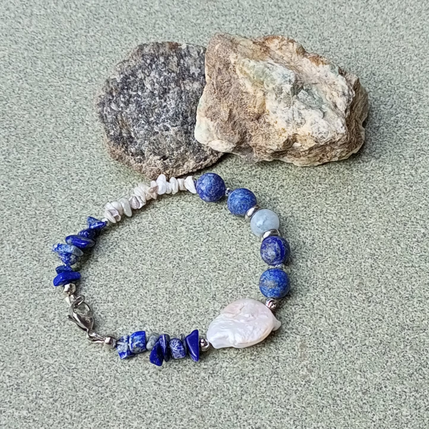 Lapis Lazuli Bracelet with Baroque Pearl – Blue Gemstone Bracelet, Moonstone & Aquamarine Jewelry, Stainless Steel Gift for Her