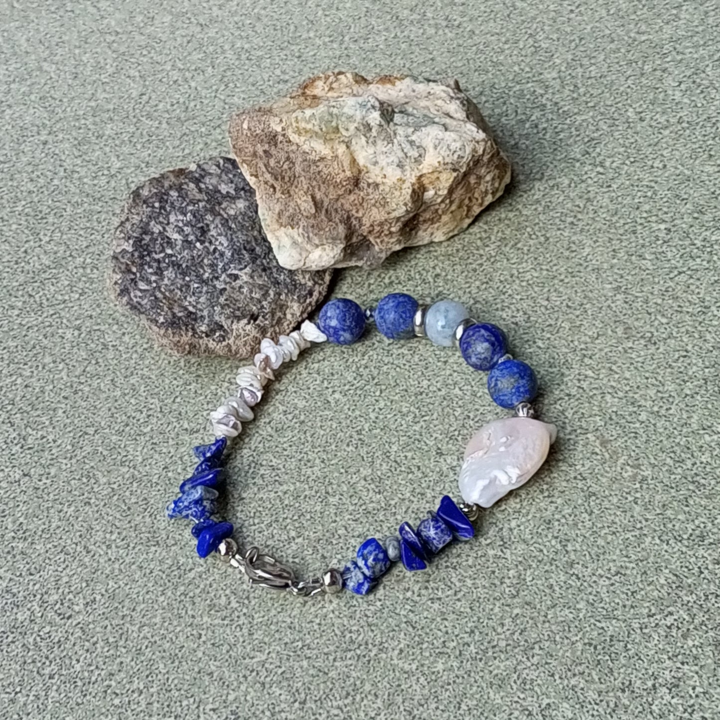 Lapis Lazuli Bracelet with Baroque Pearl – Blue Gemstone Bracelet, Moonstone & Aquamarine Jewelry, Stainless Steel Gift for Her