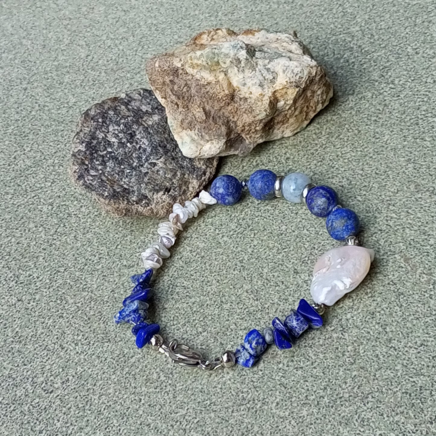 Lapis Lazuli Bracelet with Baroque Pearl – Blue Gemstone Bracelet, Moonstone & Aquamarine Jewelry, Stainless Steel Gift for Her