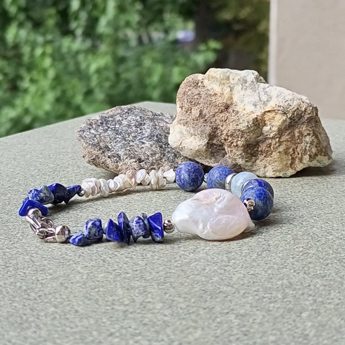 Lapis Lazuli Bracelet with Baroque Pearl – Blue Gemstone Bracelet, Moonstone & Aquamarine Jewelry, Stainless Steel Gift for Her