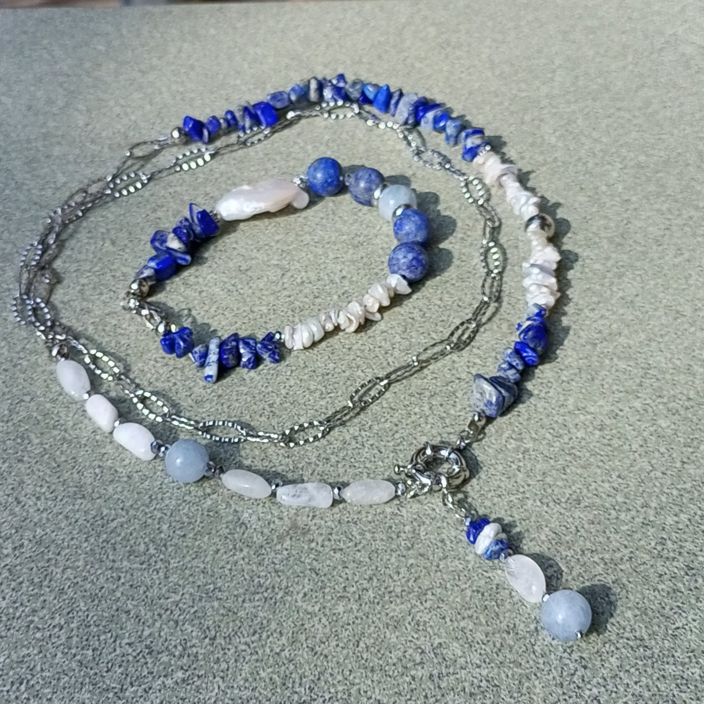 Lapis Lazuli Bracelet with Baroque Pearl – Blue Gemstone Bracelet, Moonstone & Aquamarine Jewelry, Stainless Steel Gift for Her