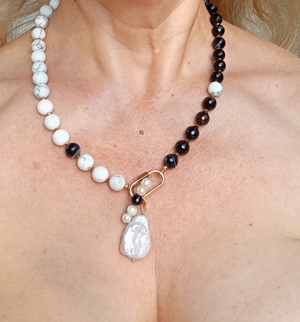 Madagascar Agate Necklace with Baroque Pearl – Black White Gemstone Jewelry, Howlite &amp; Freshwater Pearl Necklace, 14K Gold Filled Gift for Her