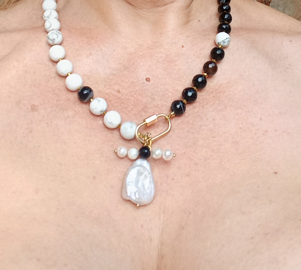 Madagascar Agate Necklace with Baroque Pearl – Black White Gemstone Jewelry, Howlite &amp; Freshwater Pearl Necklace, 14K Gold Filled Gift for Her
