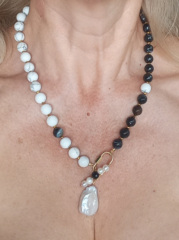 Madagascar Agate Necklace with Baroque Pearl – Black White Gemstone Jewelry, Howlite &amp; Freshwater Pearl Necklace, 14K Gold Filled Gift for Her