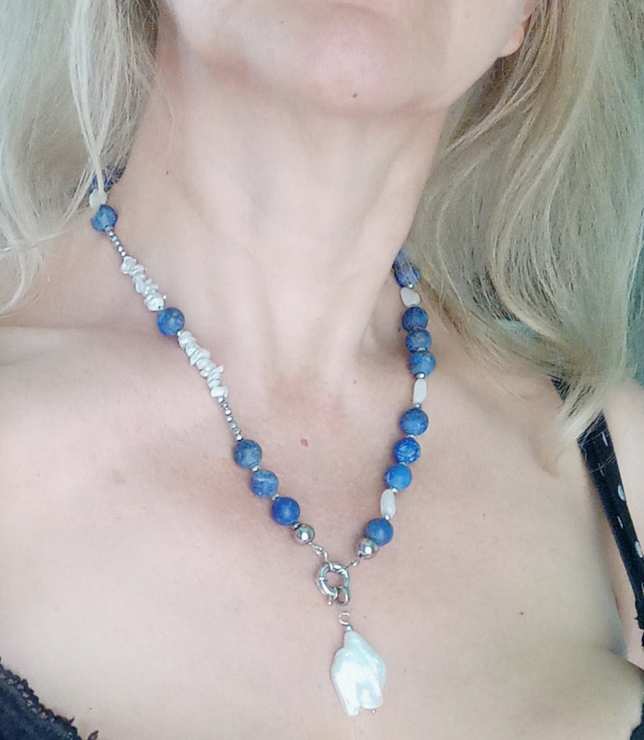 Lapis Lazuli Necklace with Baroque Pearl – Blue Gemstone Jewelry, Moonstone & Aquamarine Necklace, Stainless Steel Chain Gift for Her