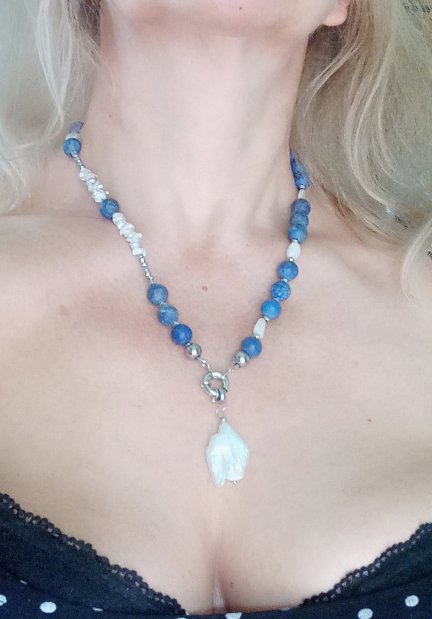Lapis Lazuli Necklace with Baroque Pearl – Blue Gemstone Jewelry, Moonstone & Aquamarine Necklace, Stainless Steel Chain Gift for Her