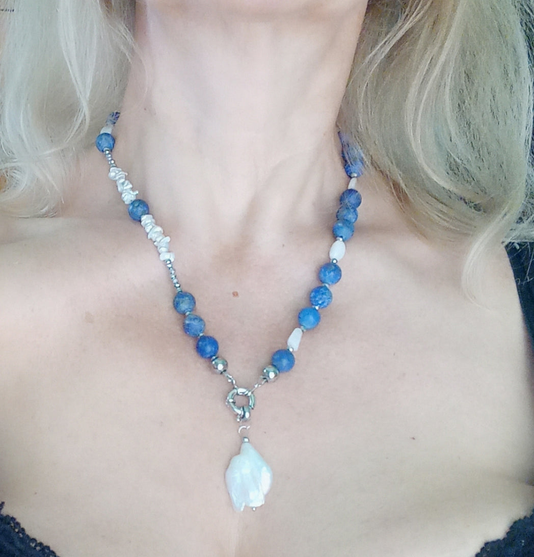 Lapis Lazuli Necklace with Baroque Pearl – Blue Gemstone Jewelry, Moonstone & Aquamarine Necklace, Stainless Steel Chain Gift for Her