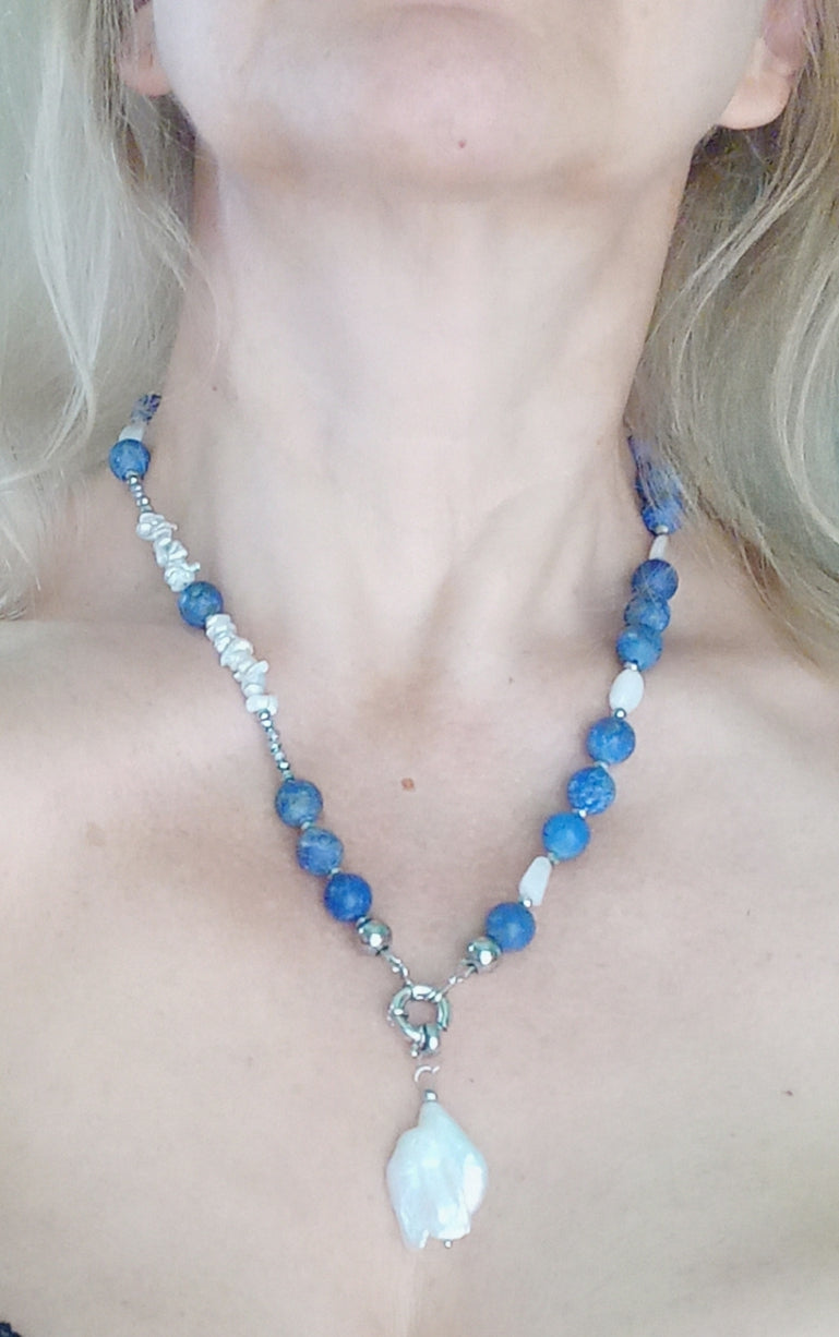 Lapis Lazuli Necklace with Baroque Pearl – Blue Gemstone Jewelry, Moonstone & Aquamarine Necklace, Stainless Steel Chain Gift for Her