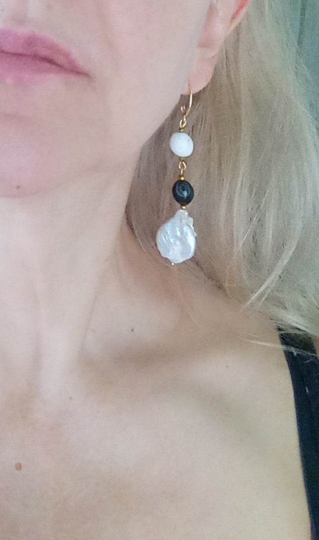 Madagascar Agate & Howlite Earrings with Baroque Pearl – Black White Gemstone Earrings, 14K Gold Filled Bridal Jewelry Gift for Her