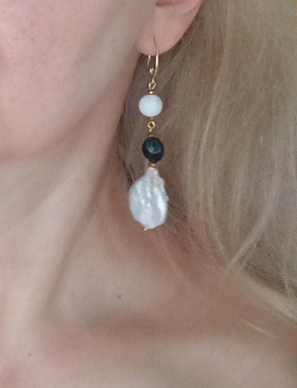 Madagascar Agate & Howlite Earrings with Baroque Pearl – Black White Gemstone Earrings, 14K Gold Filled Bridal Jewelry Gift for Her