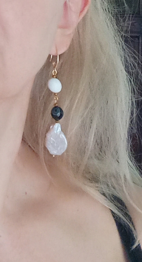 Madagascar Agate & Howlite Earrings with Baroque Pearl – Black White Gemstone Earrings, 14K Gold Filled Bridal Jewelry Gift for Her