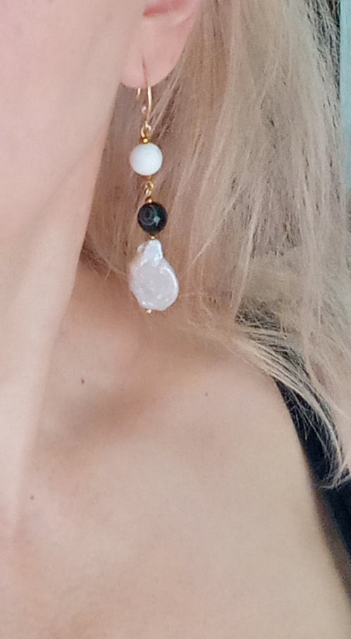 Madagascar Agate & Howlite Earrings with Baroque Pearl – Black White Gemstone Earrings, 14K Gold Filled Bridal Jewelry Gift for Her