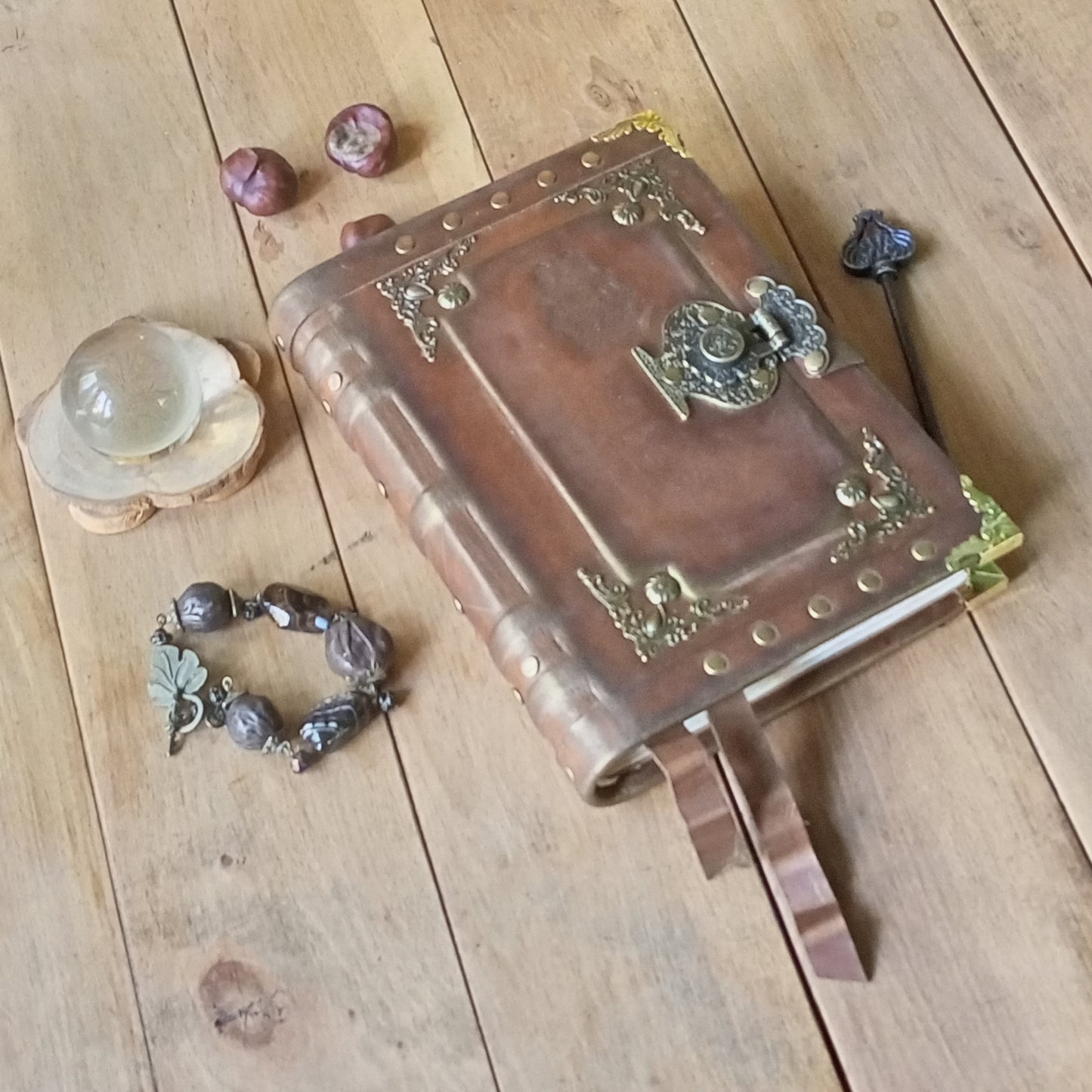 Engraved Rusty Brown Leather Journal with Antique Lock – Handmade Vintage Grimoire Book of Shadows