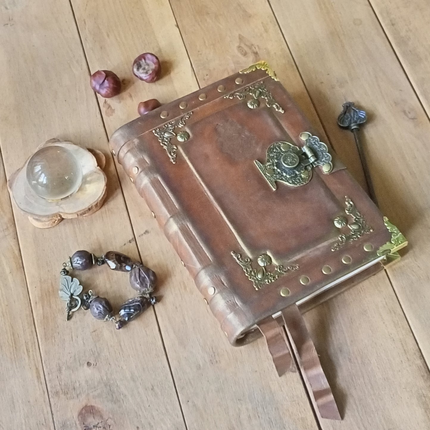 Engraved Rusty Brown Leather Journal with Antique Lock – Handmade Vintage Grimoire Book of Shadows