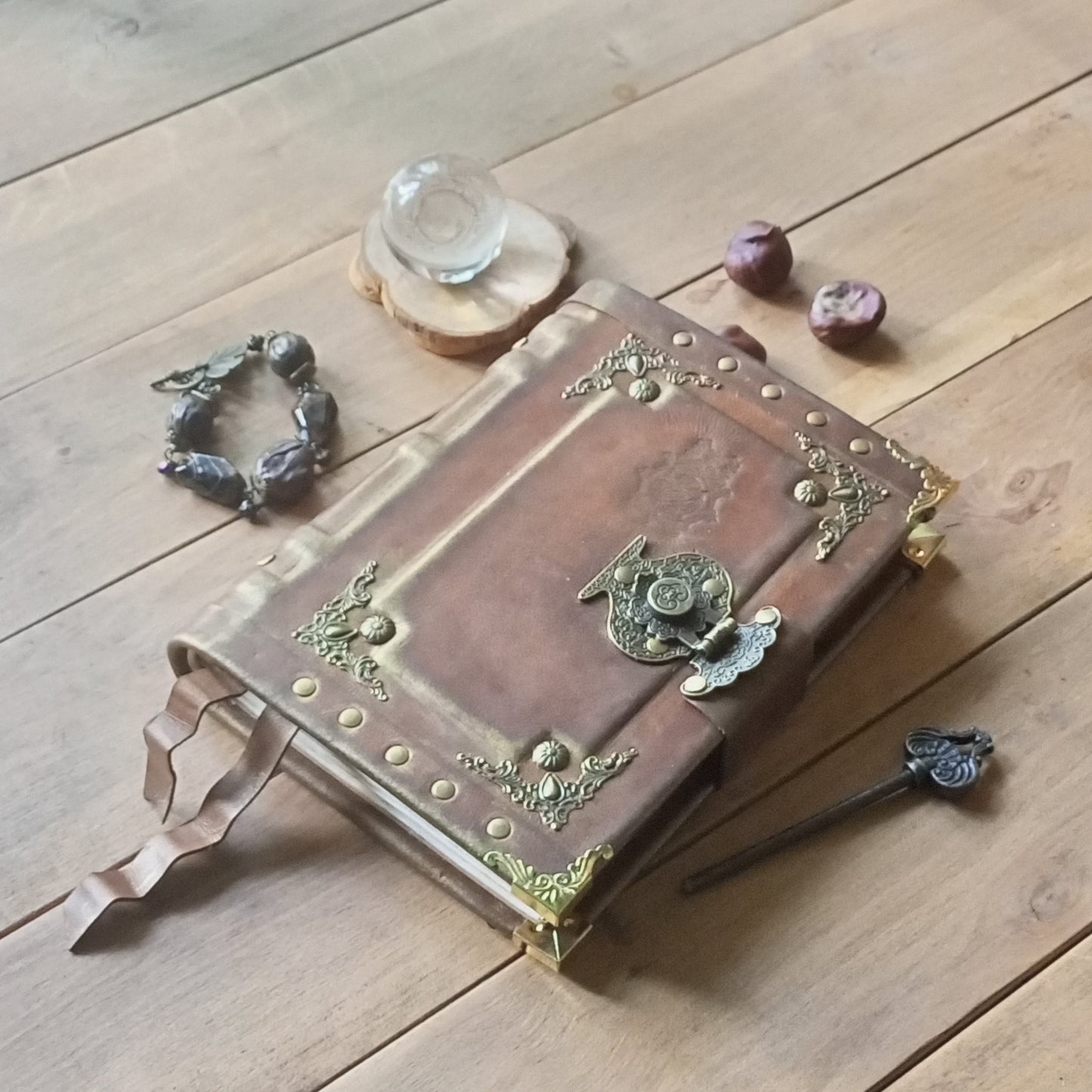 Engraved Rusty Brown Leather Journal with Antique Lock – Handmade Vintage Grimoire Book of Shadows