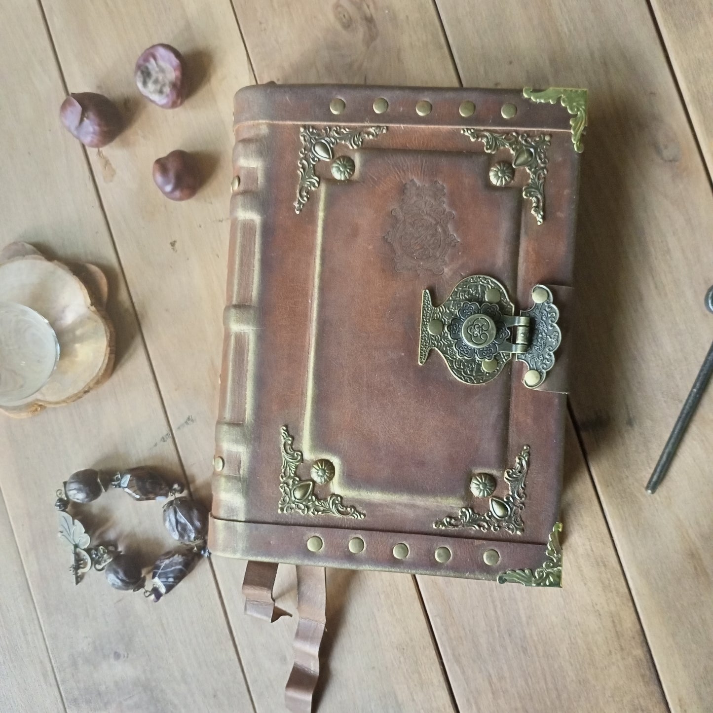 Engraved Rusty Brown Leather Journal with Antique Lock – Handmade Vintage Grimoire Book of Shadows