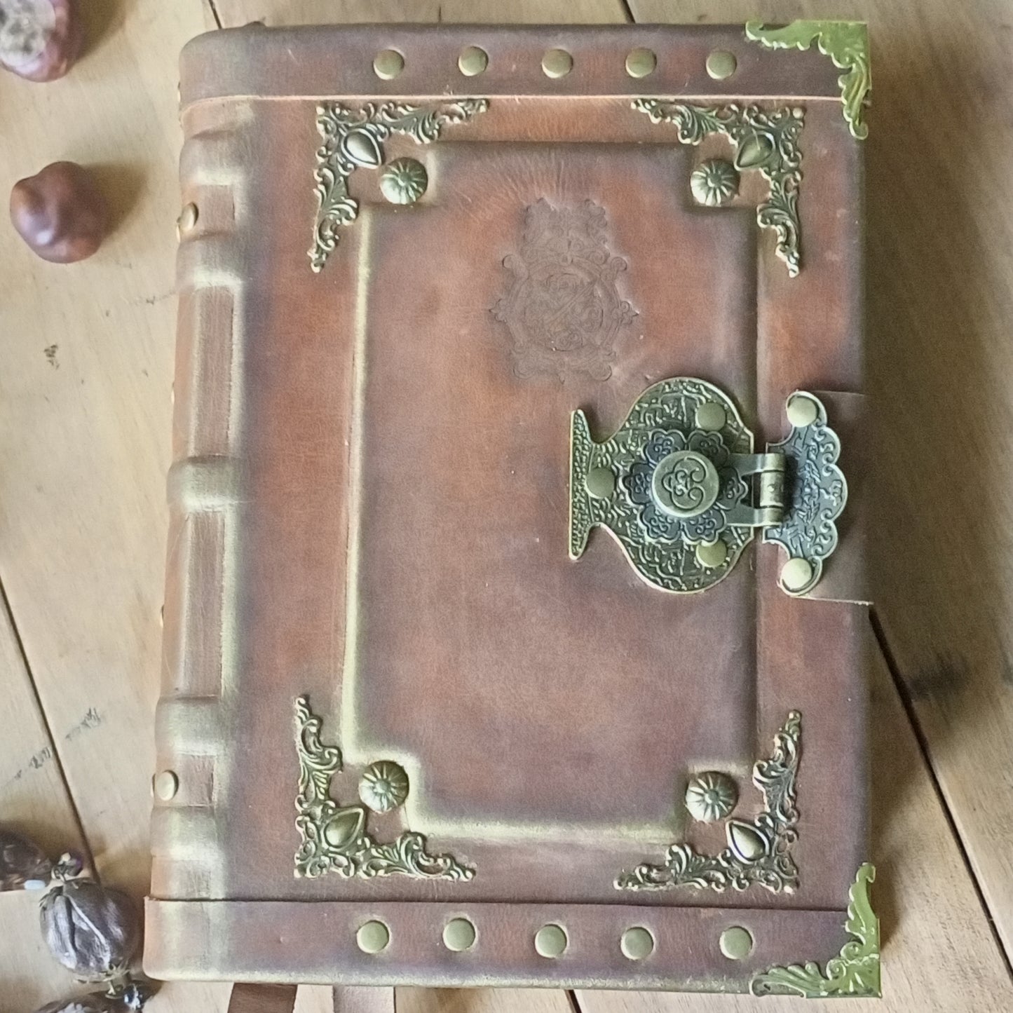 Engraved Rusty Brown Leather Journal with Antique Lock – Handmade Vintage Grimoire Book of Shadows