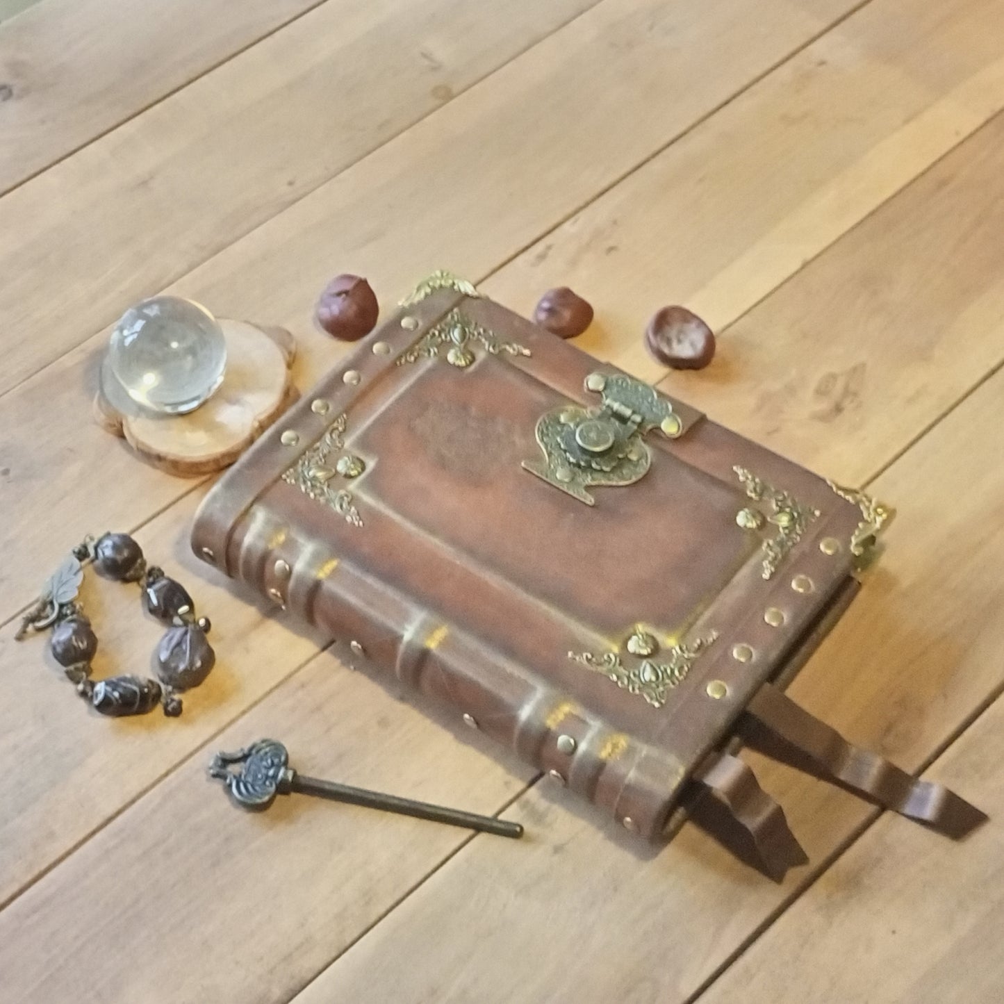 Engraved Rusty Brown Leather Journal with Antique Lock – Handmade Vintage Grimoire Book of Shadows
