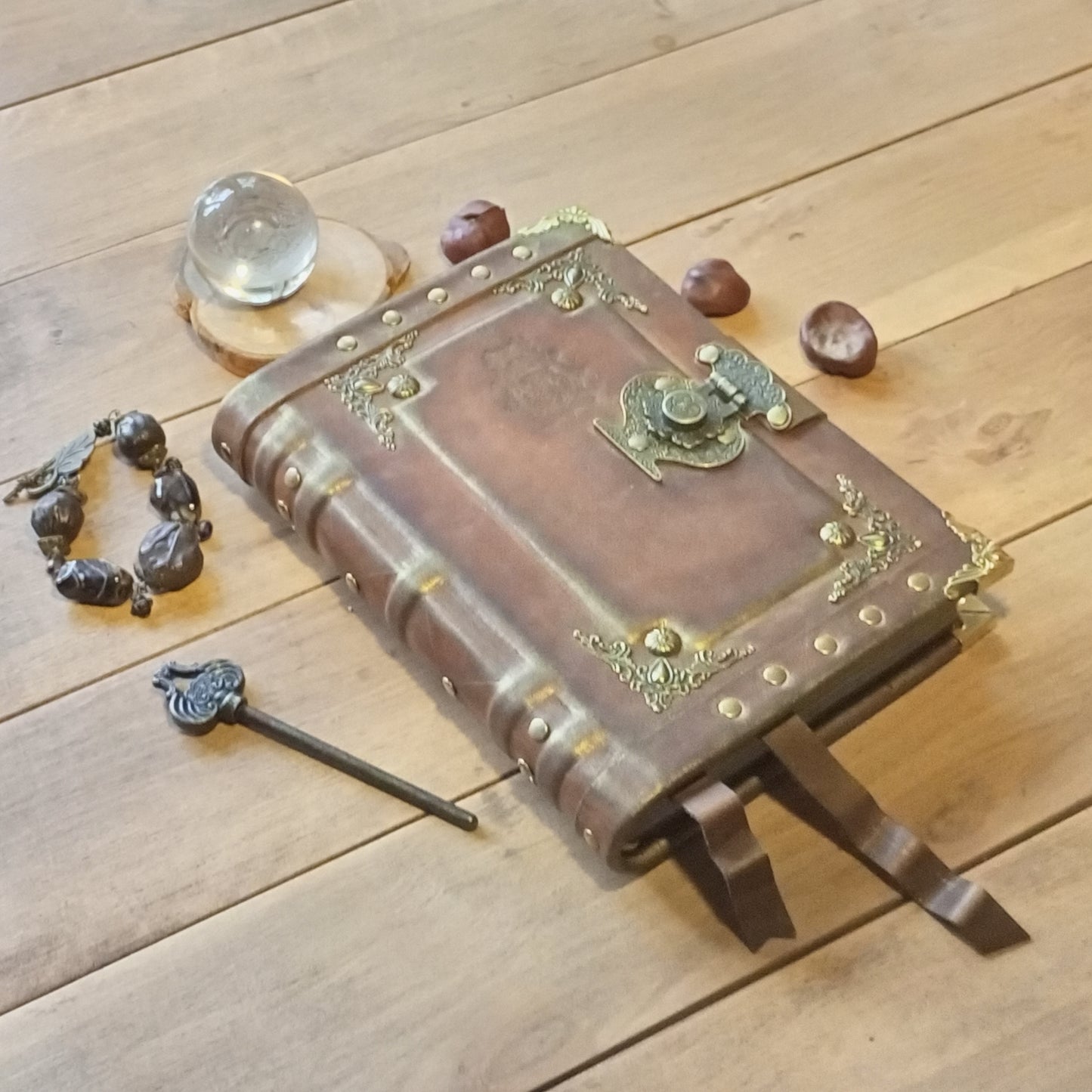 Engraved Rusty Brown Leather Journal with Antique Lock – Handmade Vintage Grimoire Book of Shadows