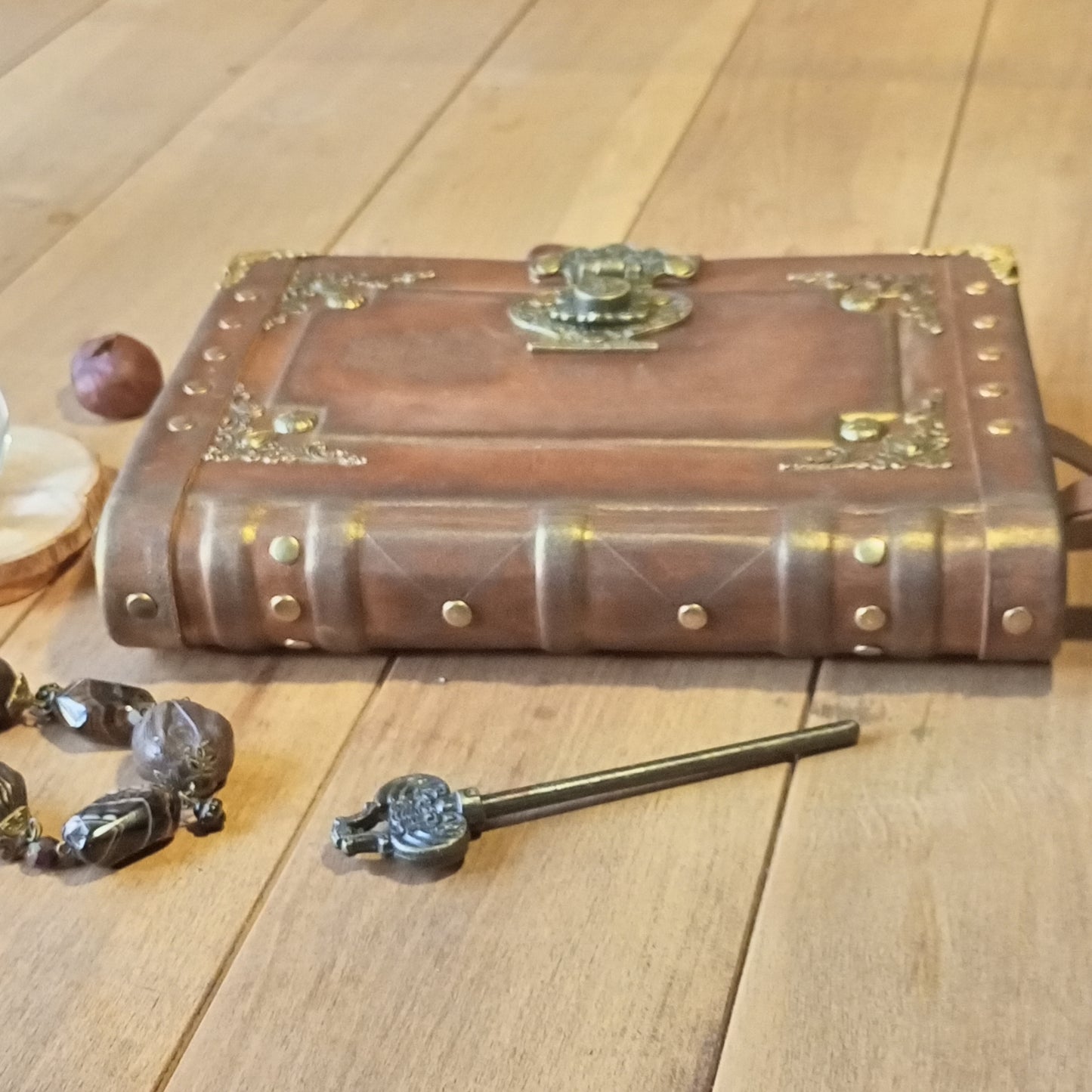Engraved Rusty Brown Leather Journal with Antique Lock – Handmade Vintage Grimoire Book of Shadows