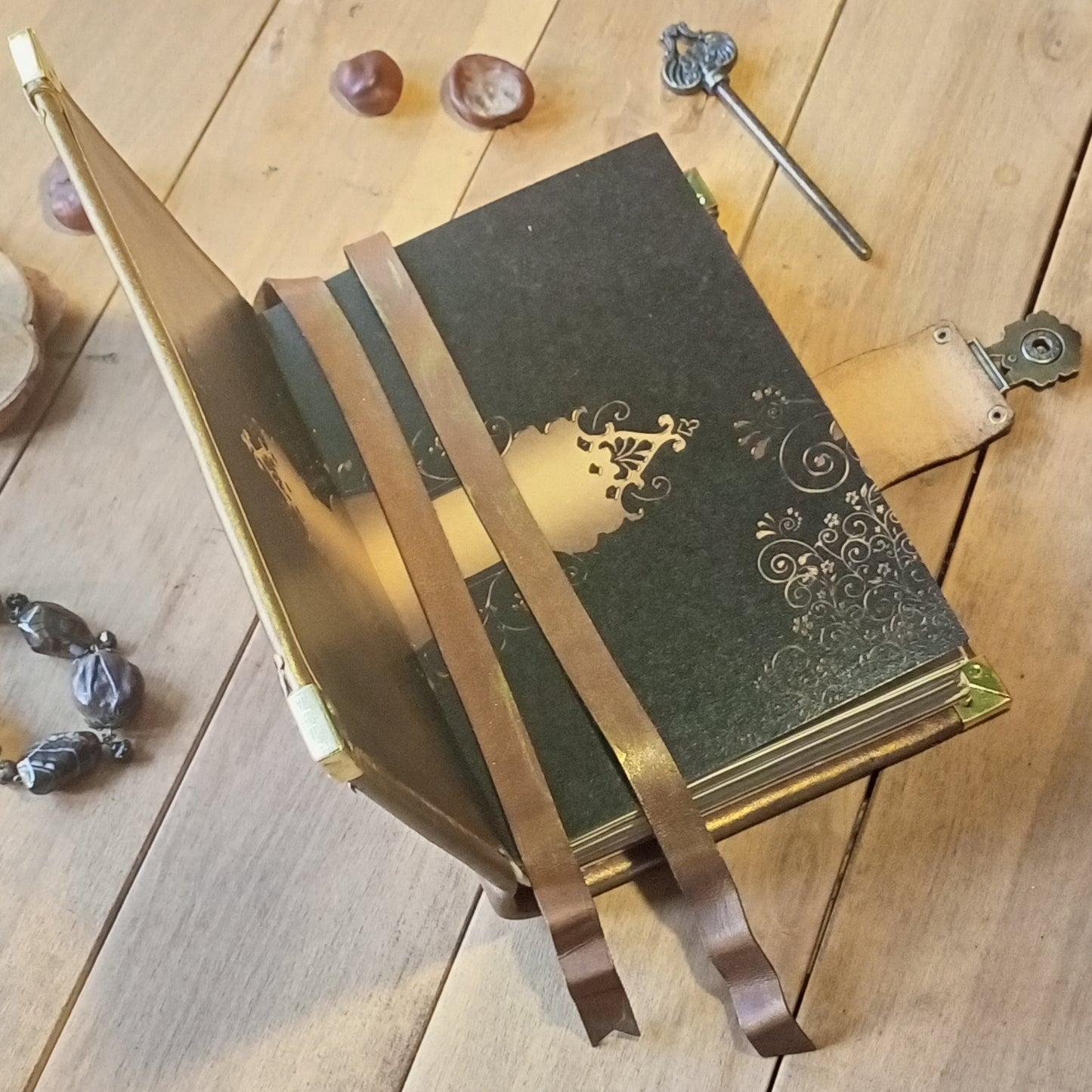 Engraved Rusty Brown Leather Journal with Antique Lock – Handmade Vintage Grimoire Book of Shadows