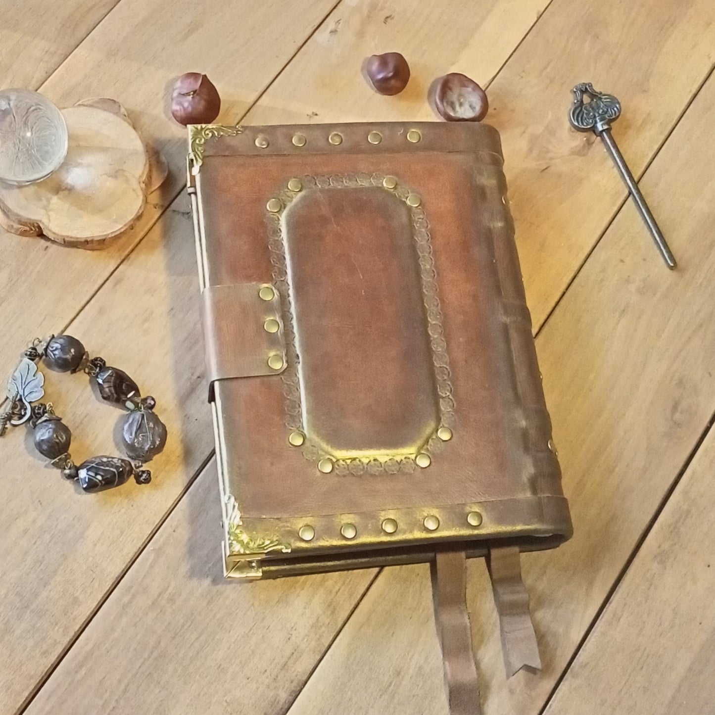 Engraved Rusty Brown Leather Journal with Antique Lock – Handmade Vintage Grimoire Book of Shadows