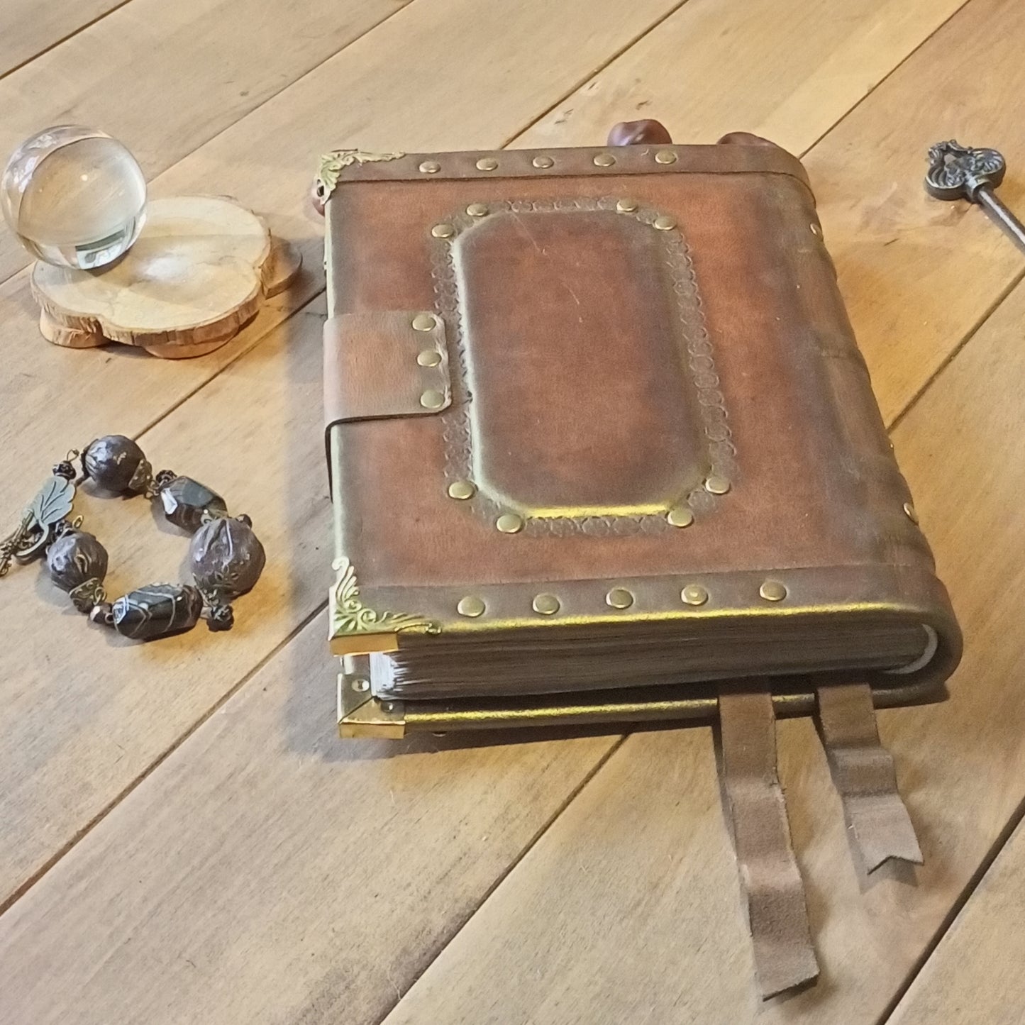 Engraved Rusty Brown Leather Journal with Antique Lock – Handmade Vintage Grimoire Book of Shadows