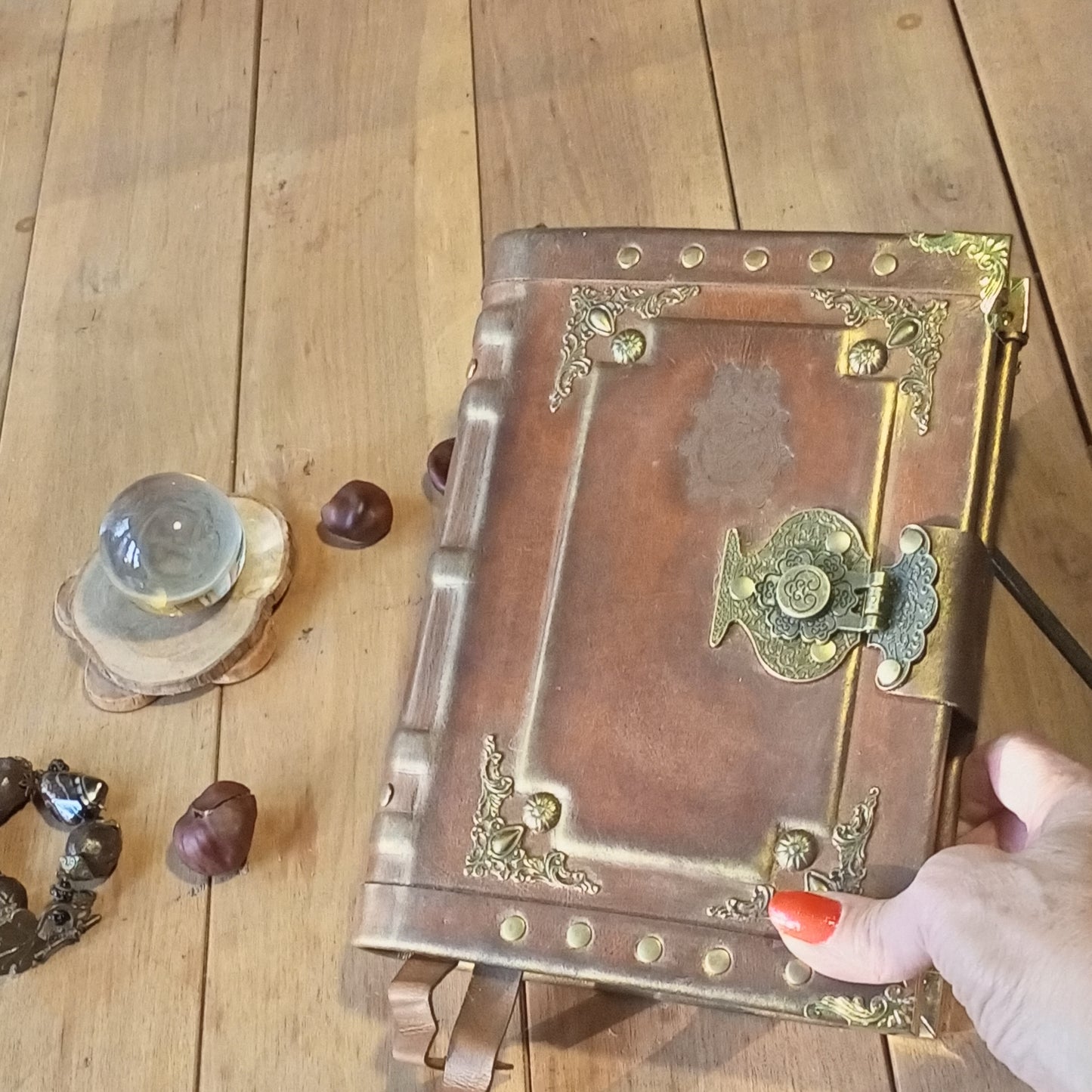 Engraved Rusty Brown Leather Journal with Antique Lock – Handmade Vintage Grimoire Book of Shadows