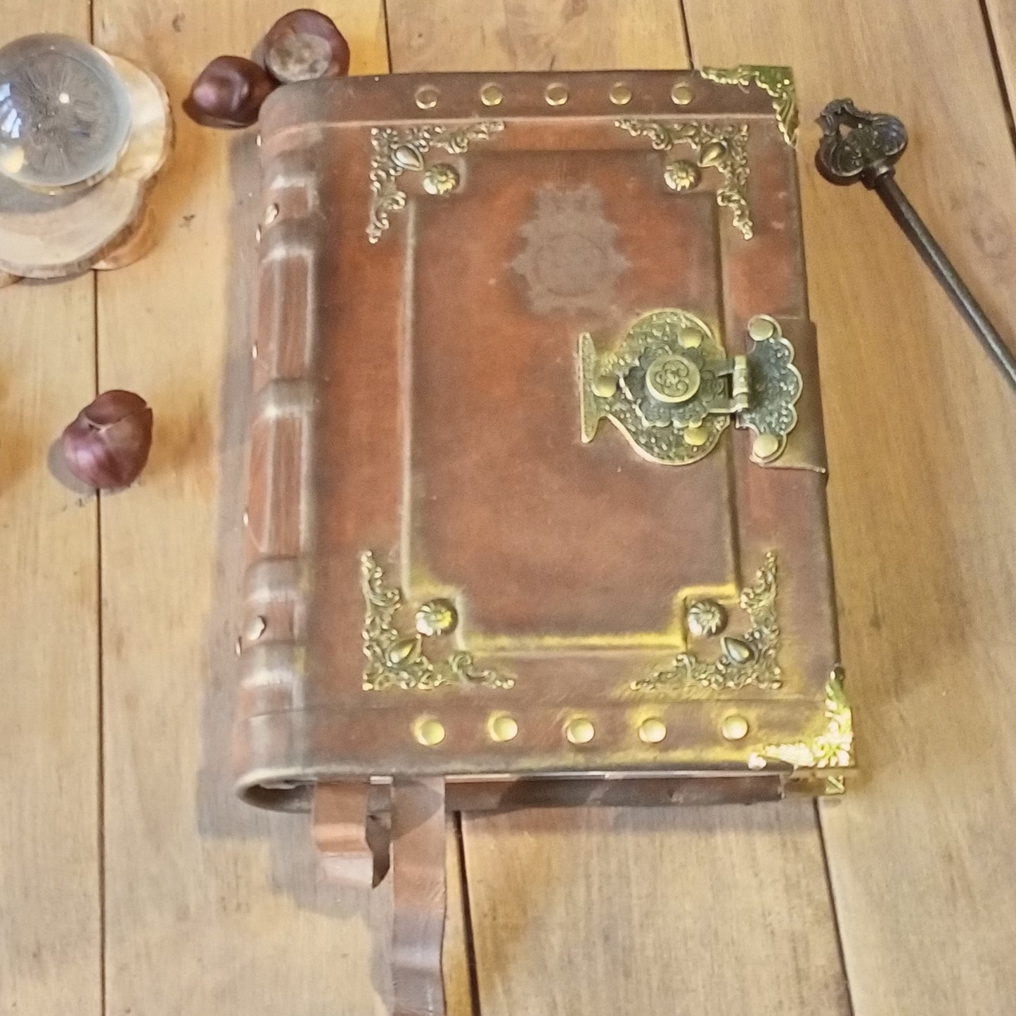 Engraved Rusty Brown Leather Journal with Antique Lock – Handmade Vintage Grimoire Book of Shadows