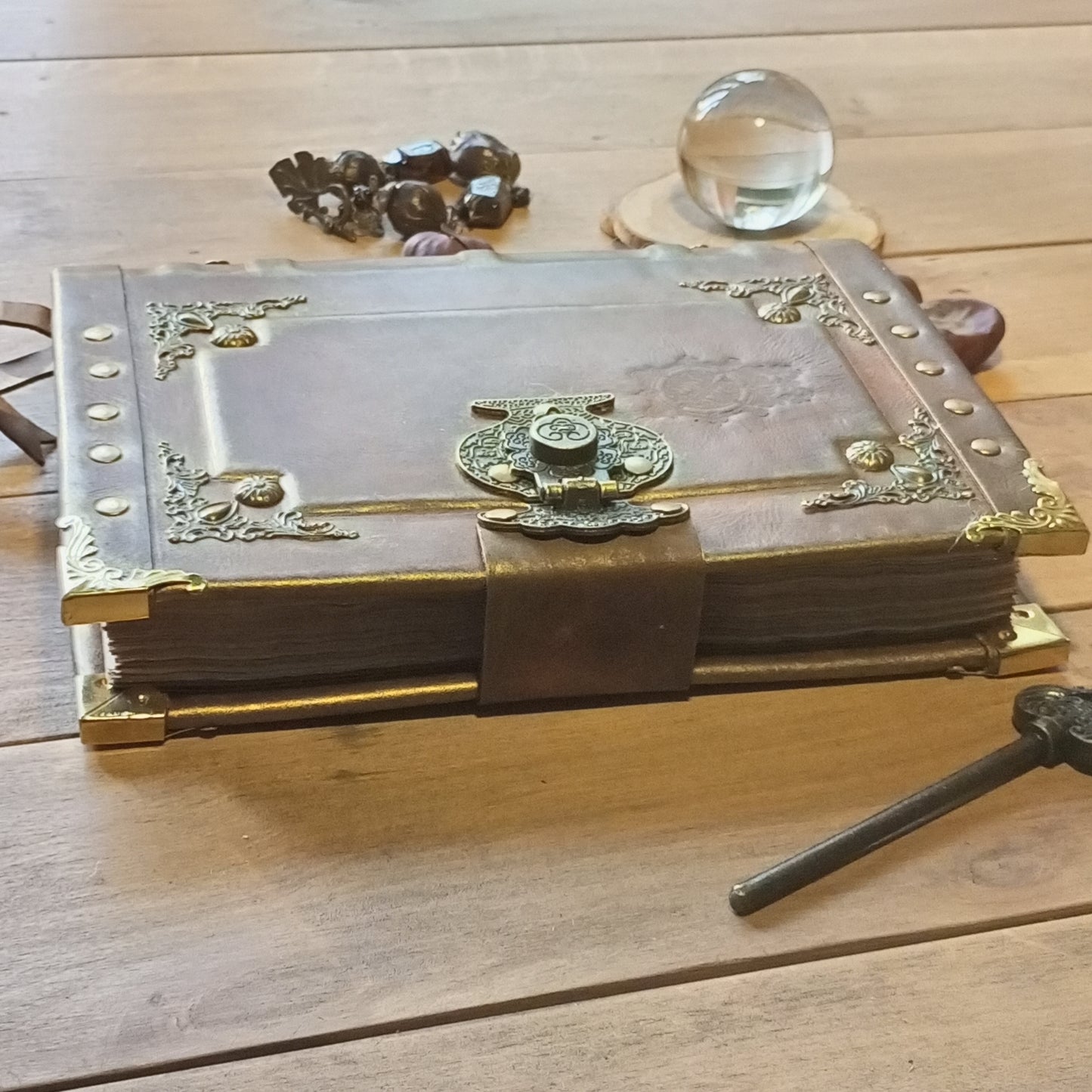 Engraved Rusty Brown Leather Journal with Antique Lock – Handmade Vintage Grimoire Book of Shadows