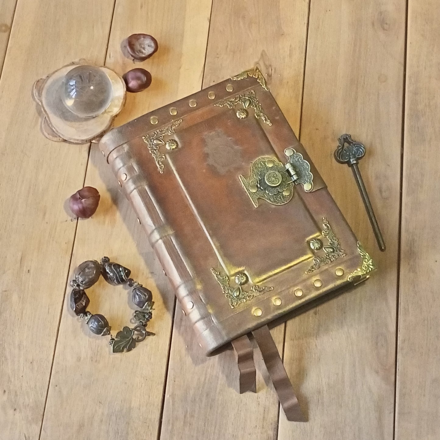 Engraved Rusty Brown Leather Journal with Antique Lock – Handmade Vintage Grimoire Book of Shadows