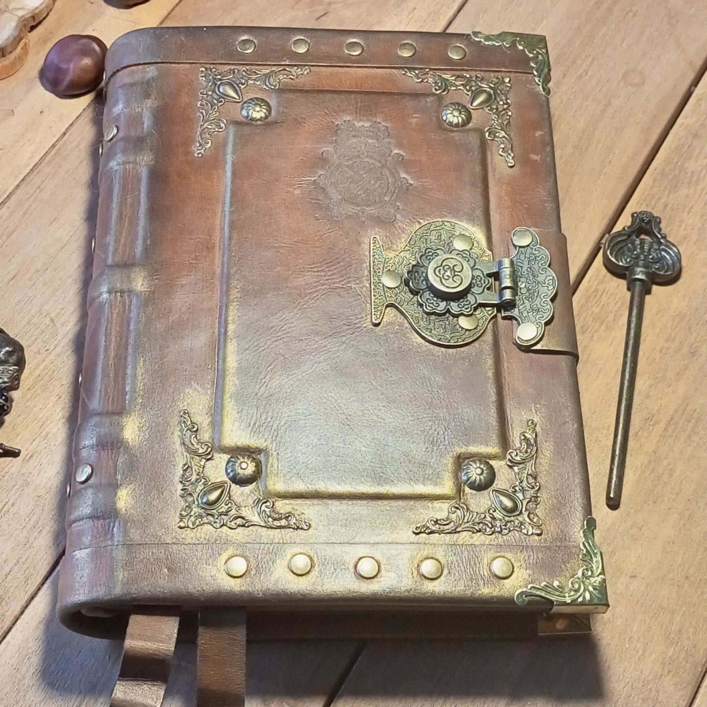 Engraved Rusty Brown Leather Journal with Antique Lock – Handmade Vintage Grimoire Book of Shadows