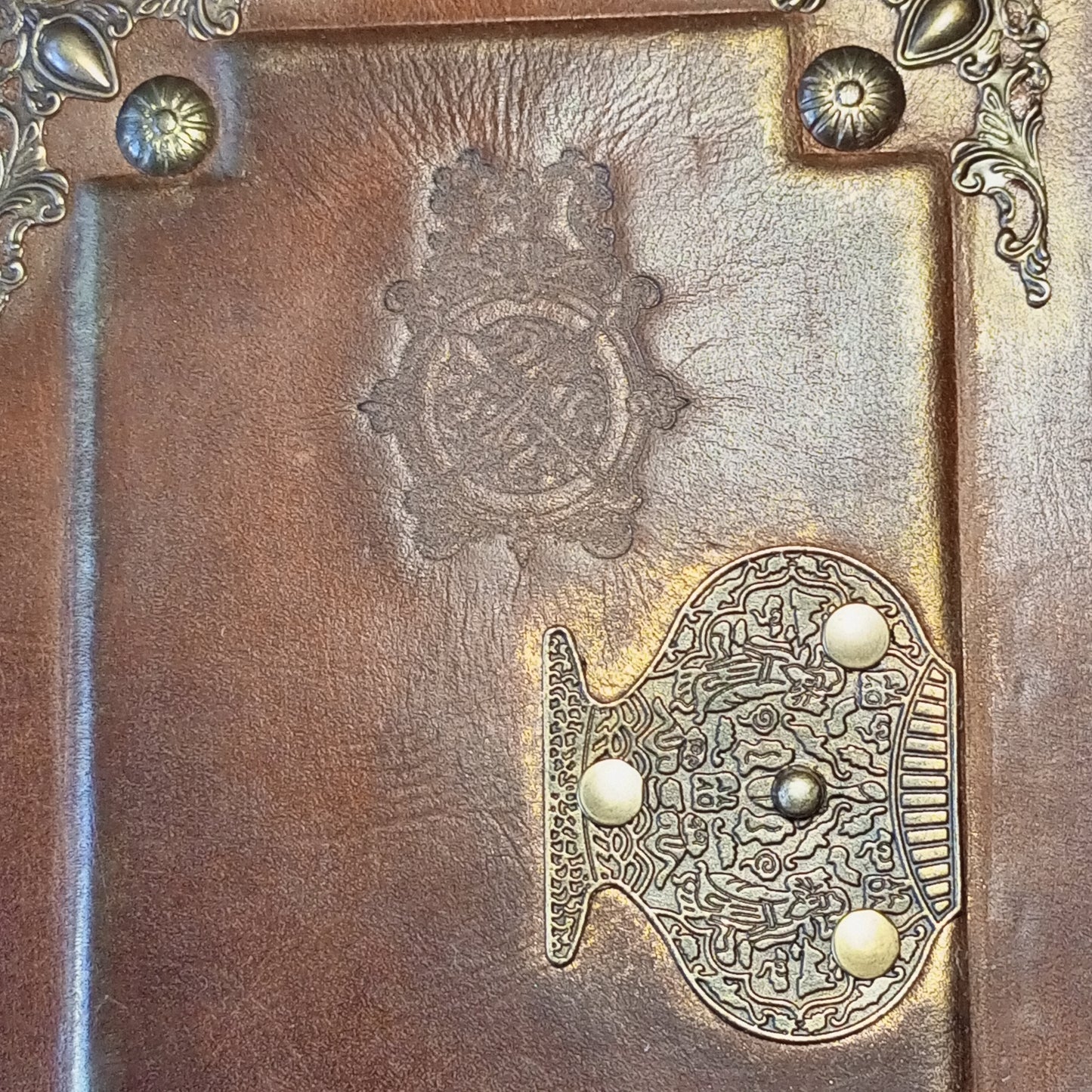Engraved Rusty Brown Leather Journal with Antique Lock – Handmade Vintage Grimoire Book of Shadows