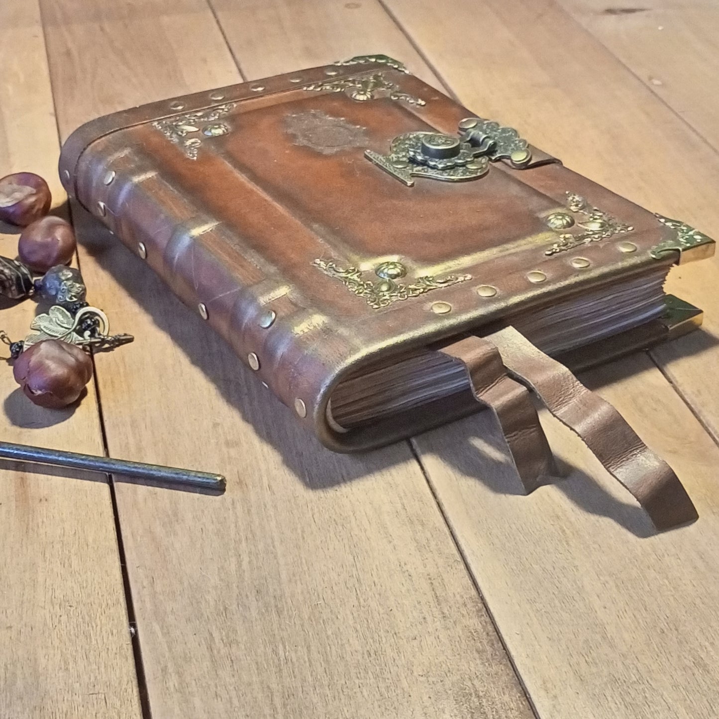 Engraved Rusty Brown Leather Journal with Antique Lock – Handmade Vintage Grimoire Book of Shadows