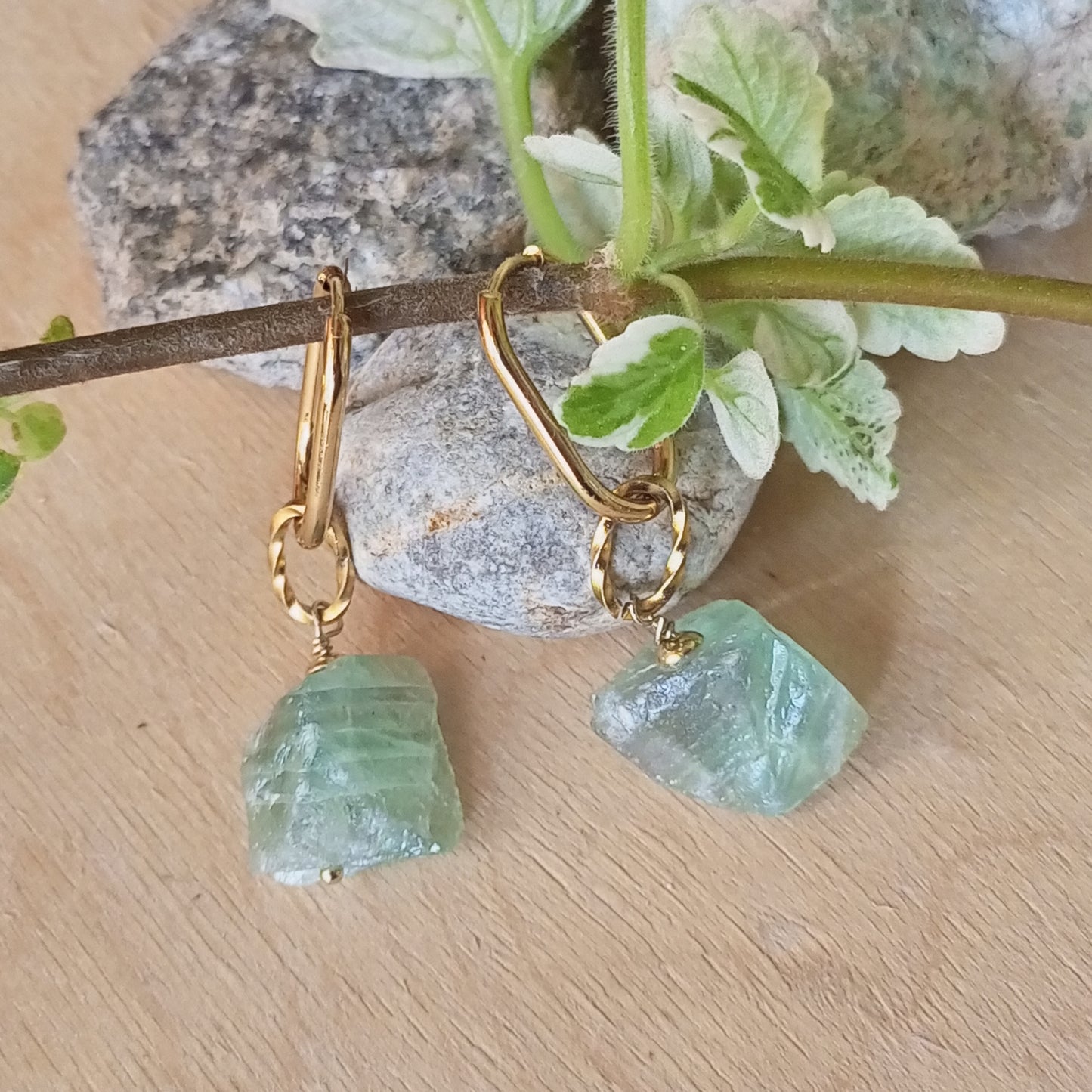 Green Fluorite Earrings with Raw Gemstones — 14K Gold Filled Emerald Jewelry