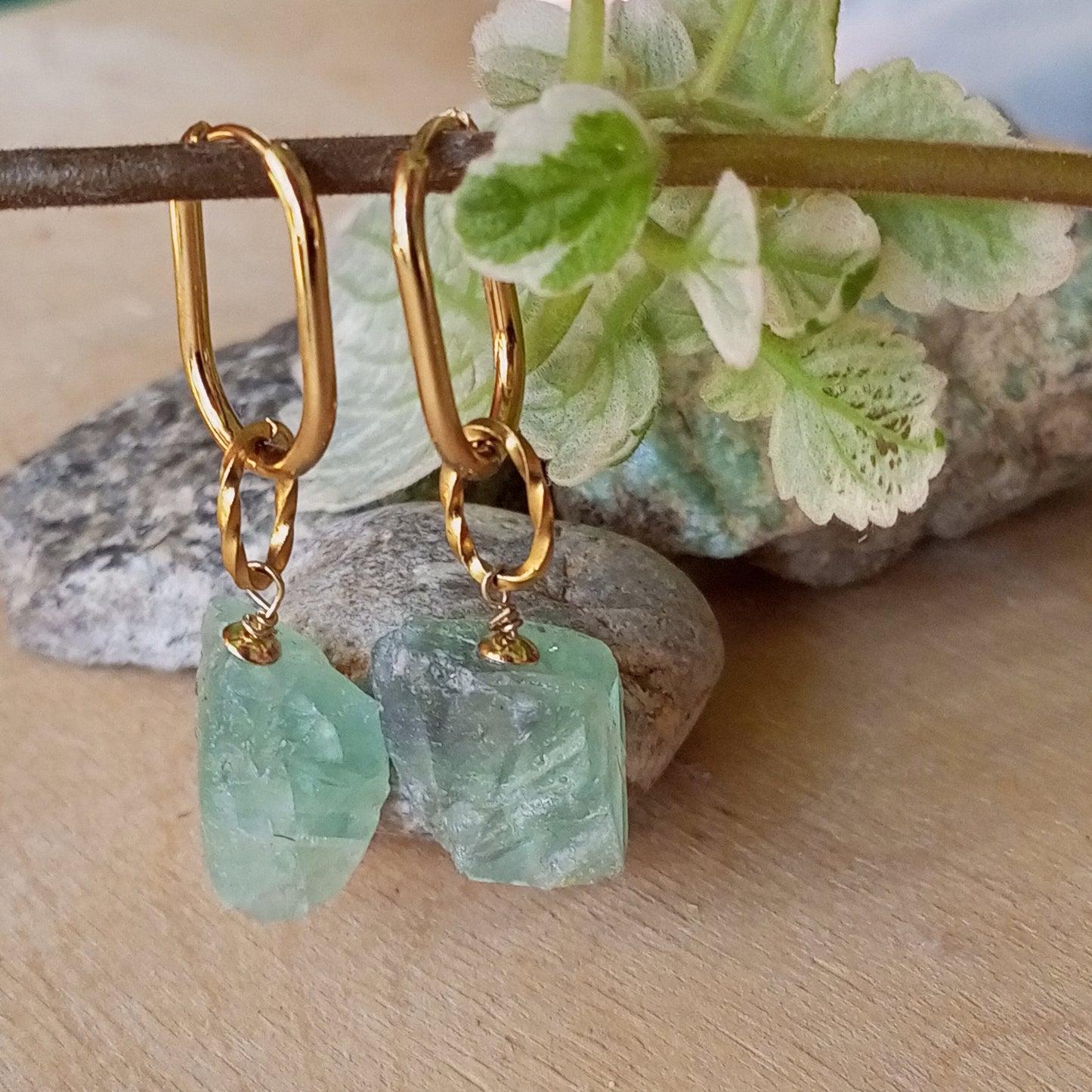 Green Fluorite Earrings with Raw Gemstones — 14K Gold Filled Emerald Jewelry