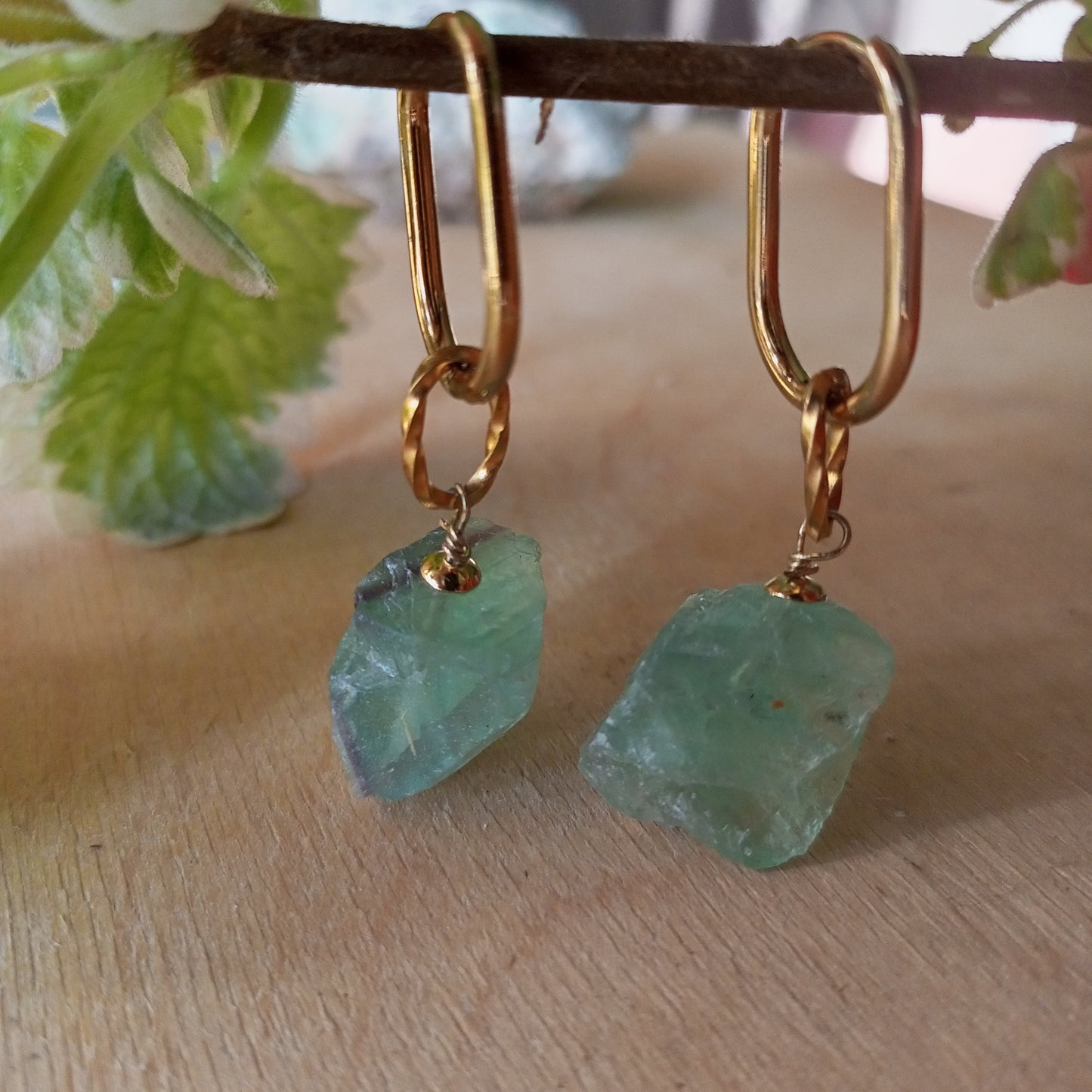 Green Fluorite Earrings with Raw Gemstones — 14K Gold Filled Emerald Jewelry