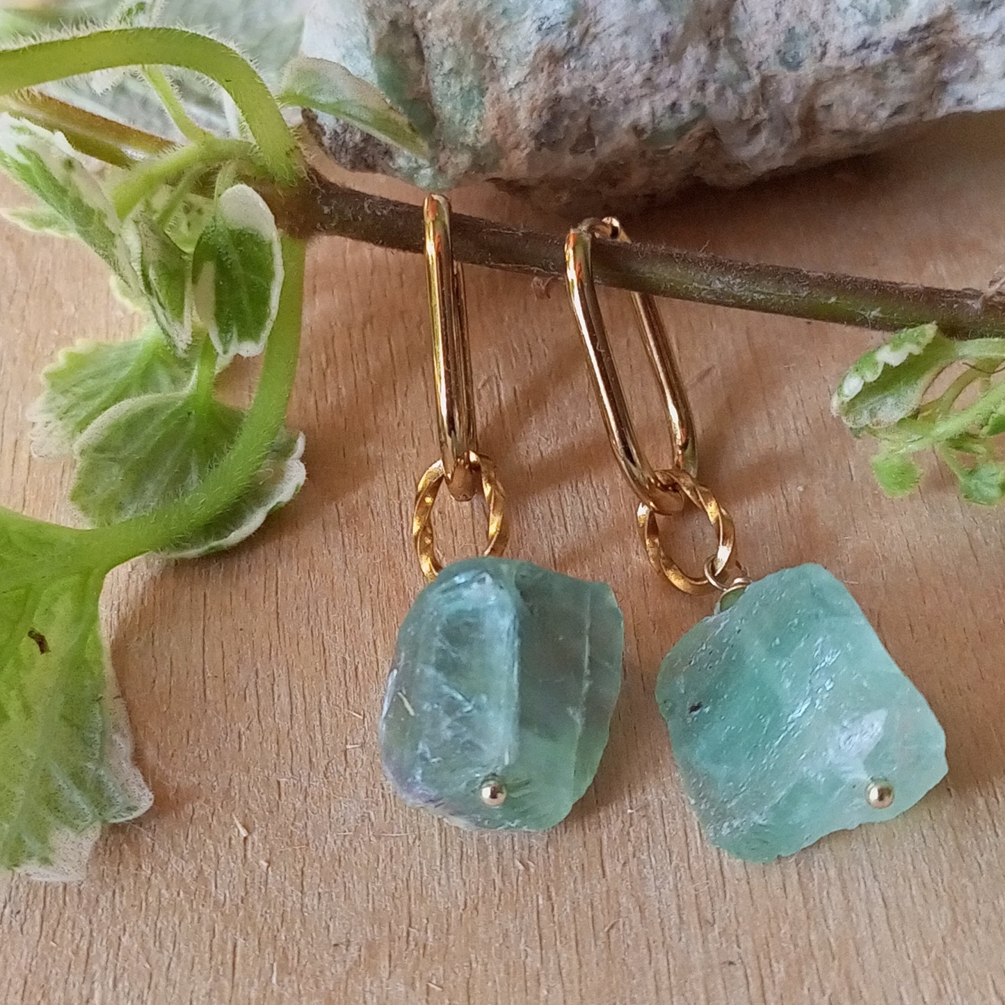 Green Fluorite Earrings with Raw Gemstones — 14K Gold Filled Emerald Jewelry