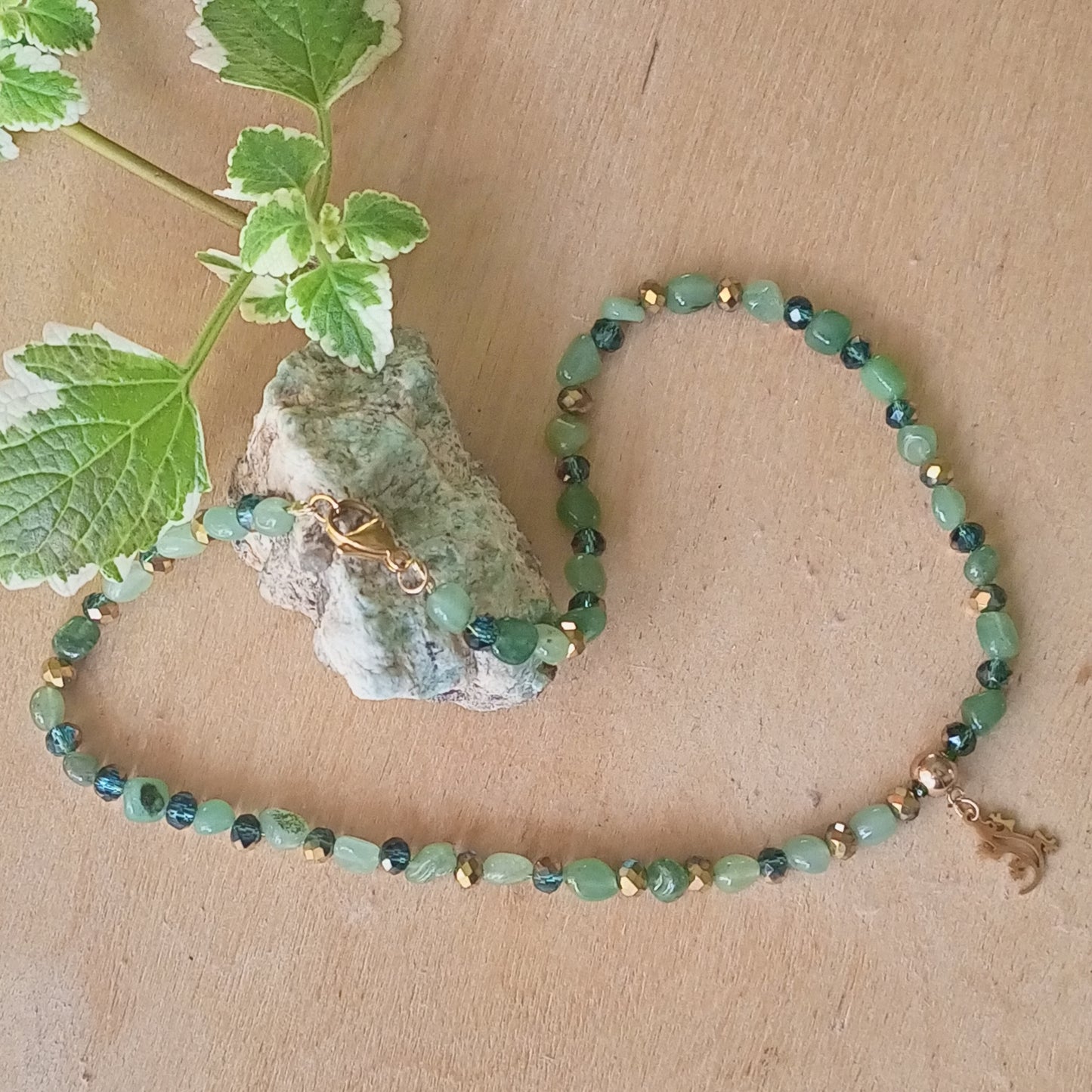 Green Aventurine Necklace with Gold Lizard Charm – Emerald Green Gemstone Jewelry, 14K Gold Filled Stainless Steel Necklace, Gift for Her
