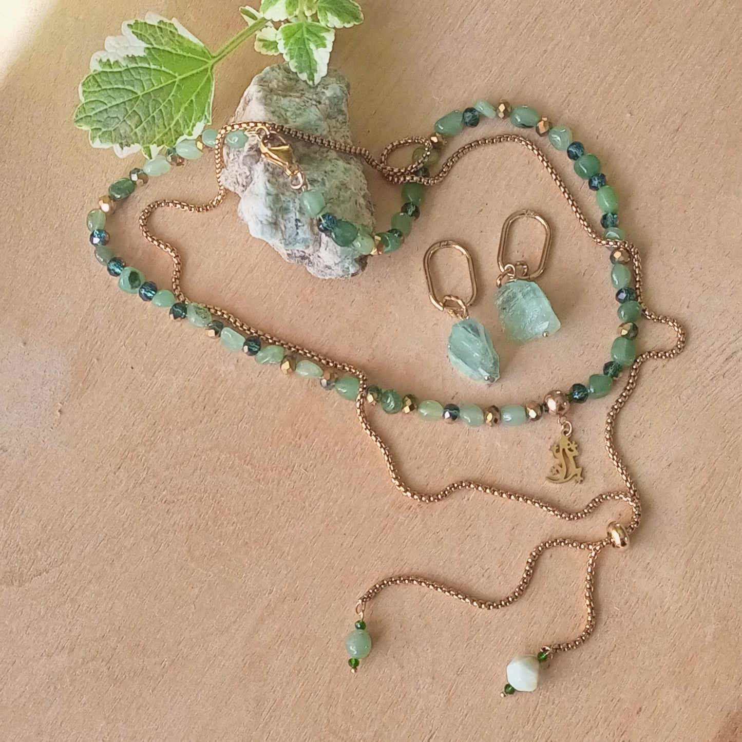 Green Aventurine Necklace with Gold Lizard Charm – Emerald Green Gemstone Jewelry, 14K Gold Filled Stainless Steel Necklace, Gift for Her